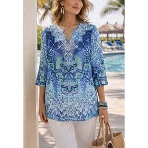 Chicos Womens Boho Resort Embellished Paisley Tunic Top Size S Feminine Vacation